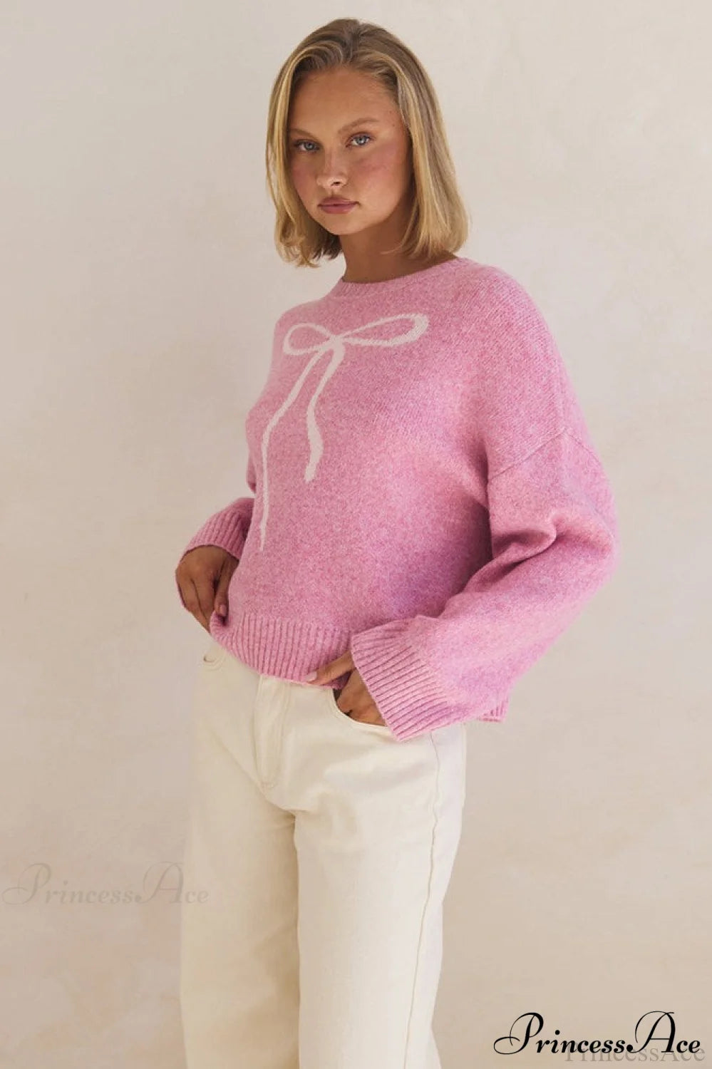 Bow Jacquard Crew-neck Loose Sweater