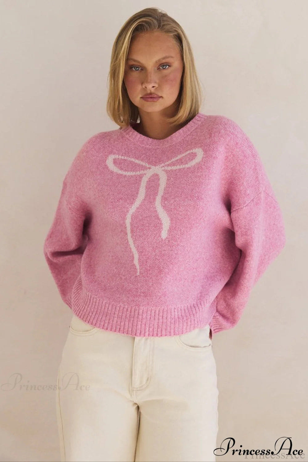 Bow Jacquard Crew-neck Loose Sweater