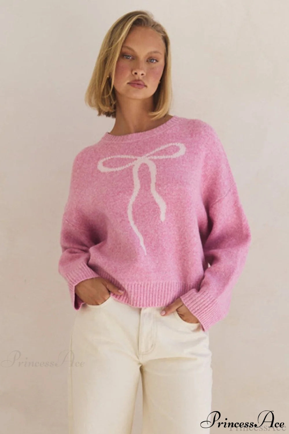 Bow Jacquard Crew-neck Loose Sweater