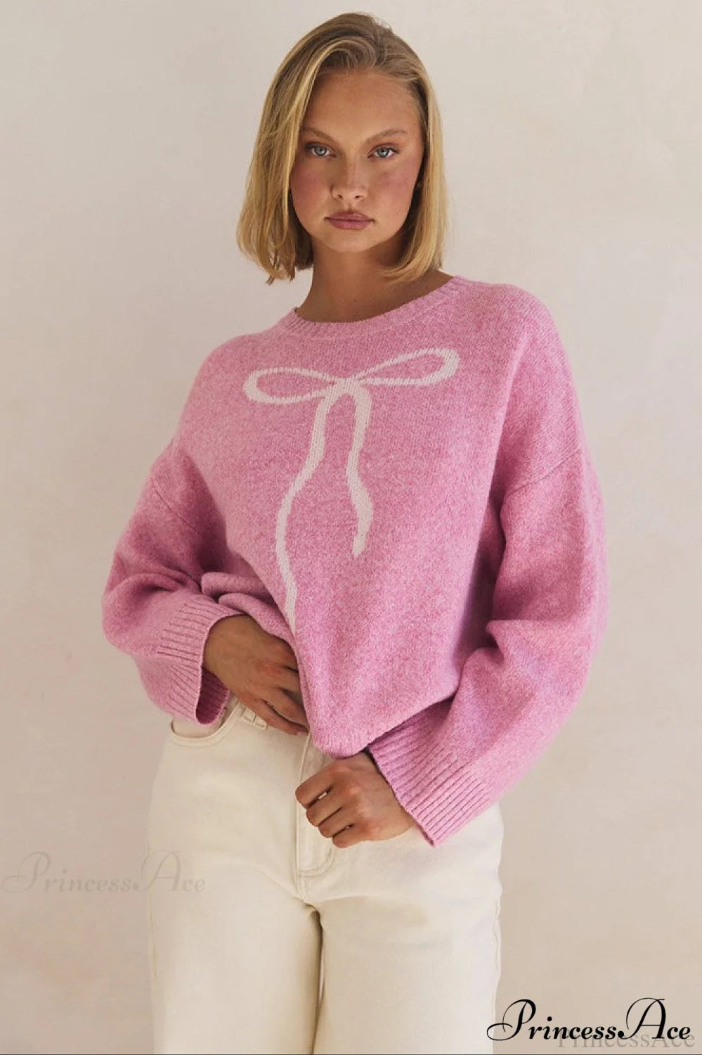 Bow Jacquard Crew-neck Loose Sweater