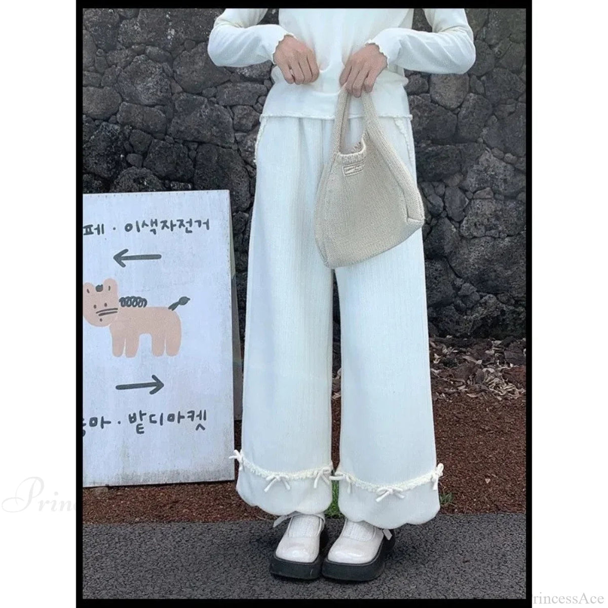 Bow Lace Corduroy Wide Leg Pants