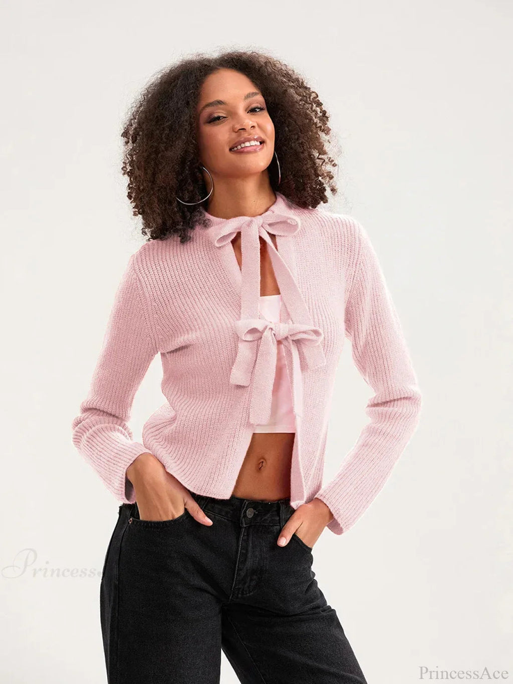 Bow Tie Front Crew Neck Knit Cardigan