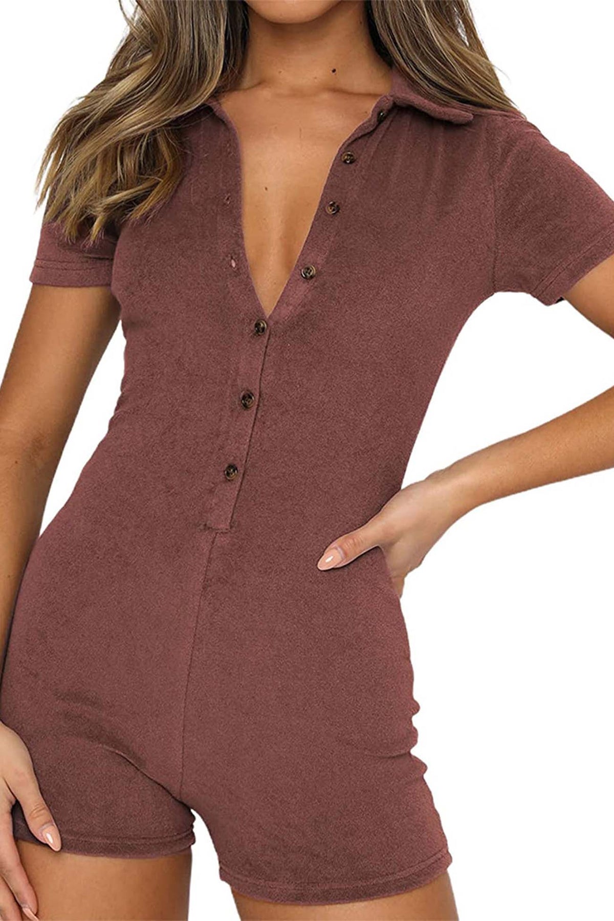 Color Button Lapel Short Sleeve Rompers