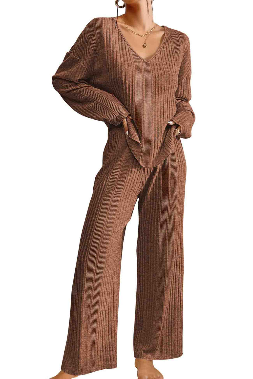 V Neck Ribbed Long Sleeve Two-piece Set
