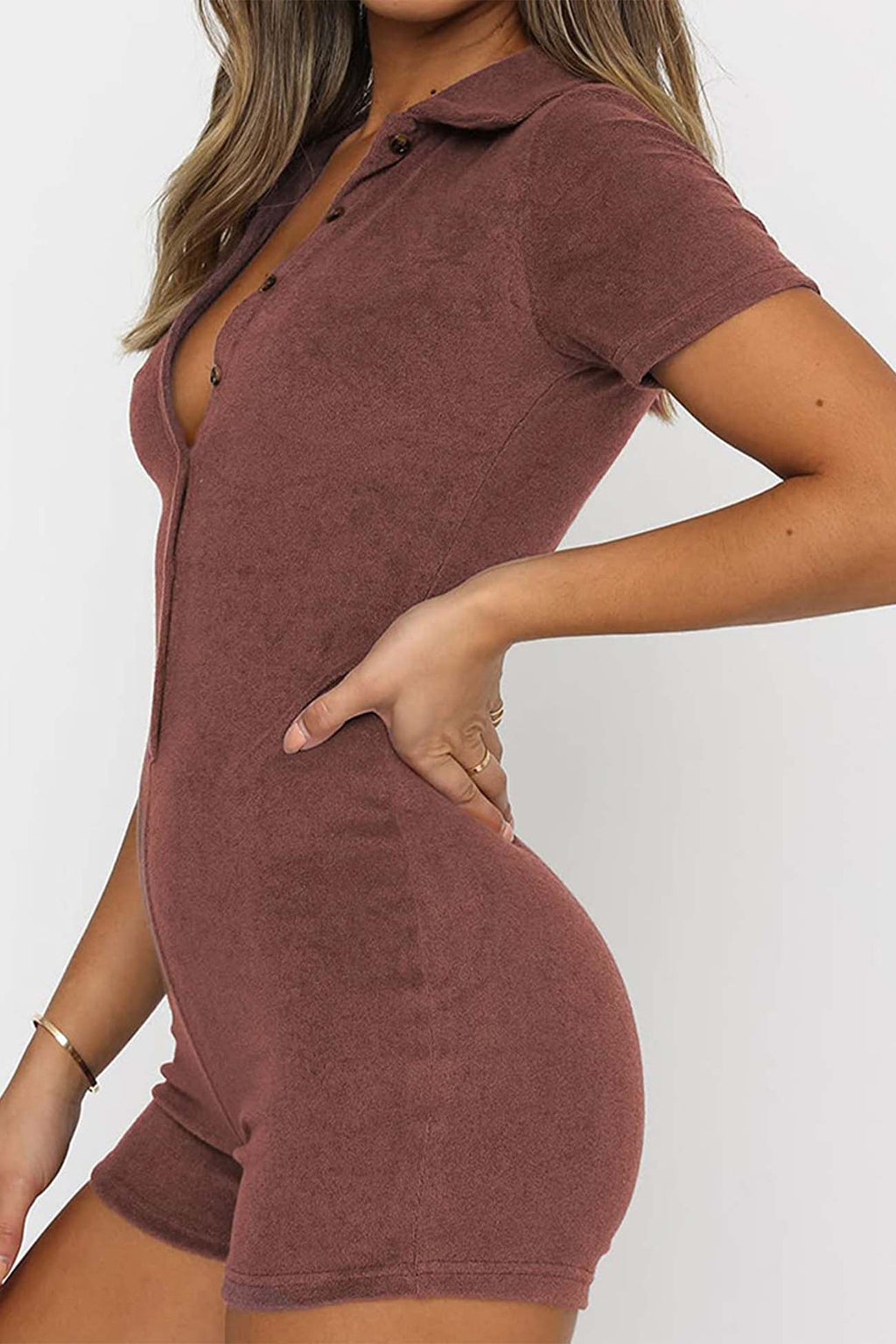 Color Button Lapel Short Sleeve Rompers