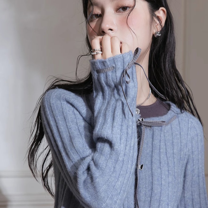 Blue Ribbon Woolen Cardigan Two-piece Set