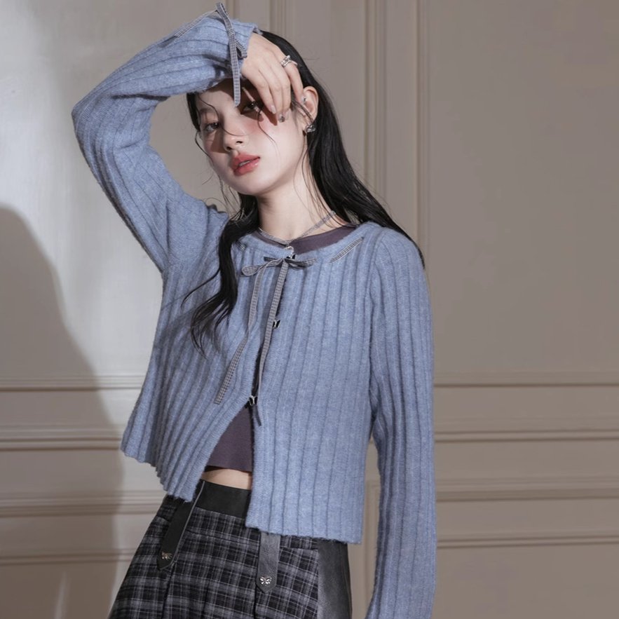 Blue Ribbon Woolen Cardigan Two-piece Set