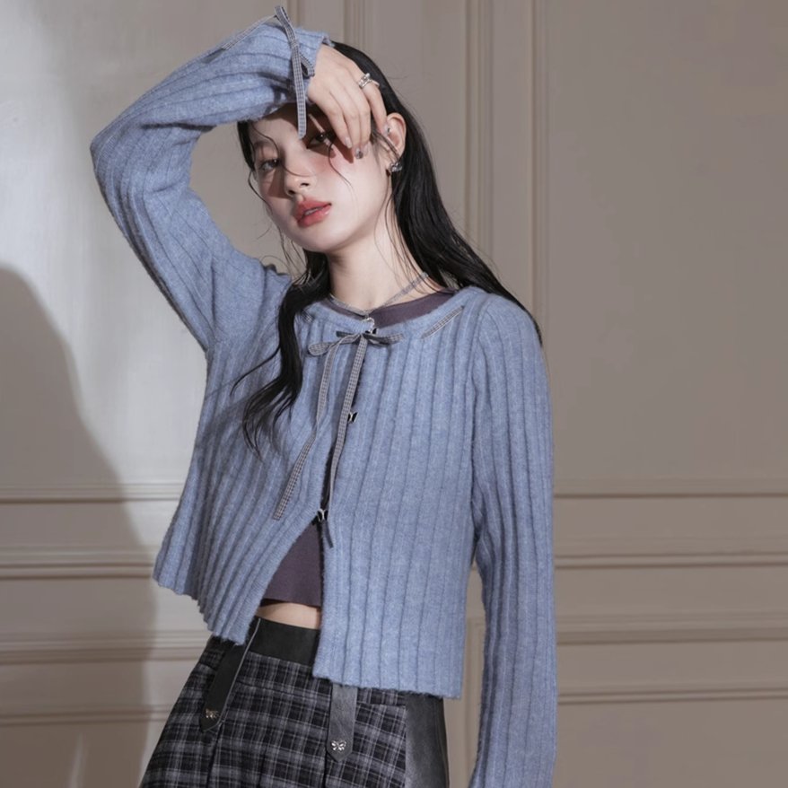 Blue Ribbon Woolen Cardigan Two-piece Set