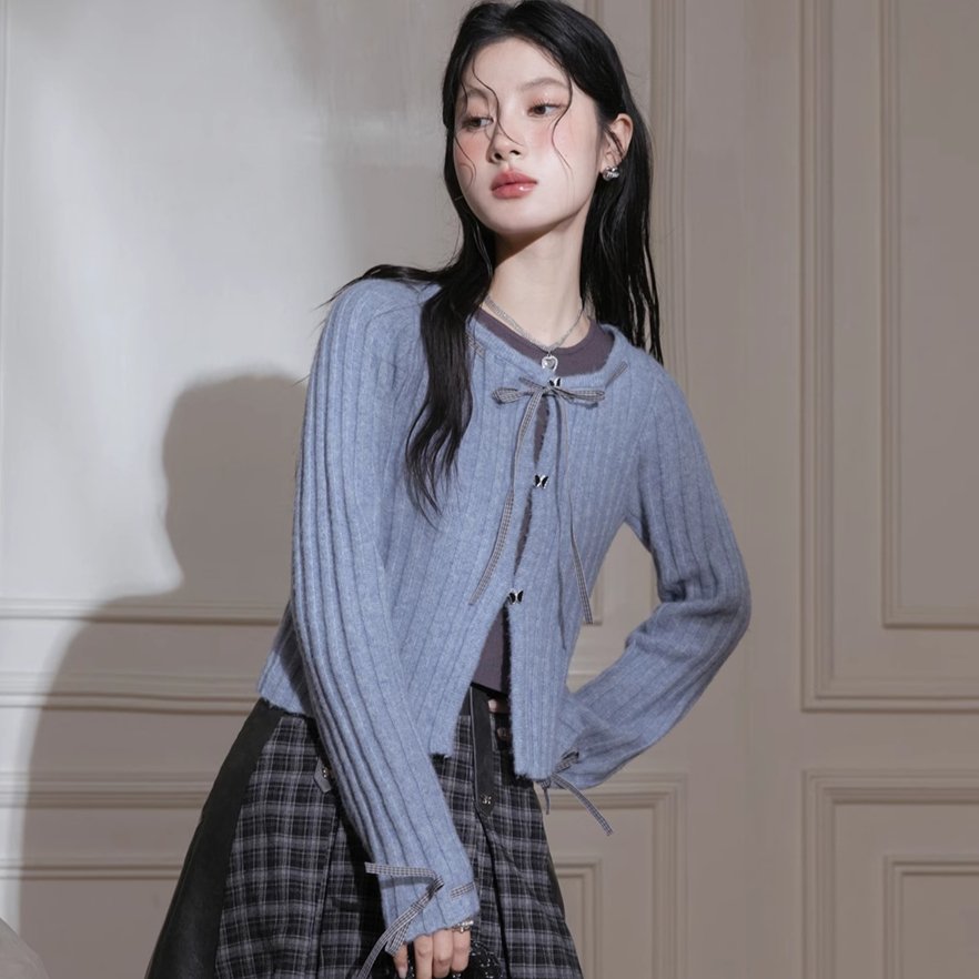 Blue Ribbon Woolen Cardigan Two-piece Set