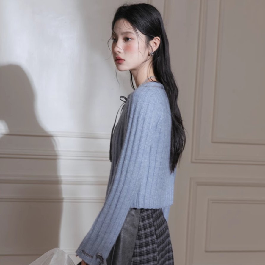 Blue Ribbon Woolen Cardigan Two-piece Set