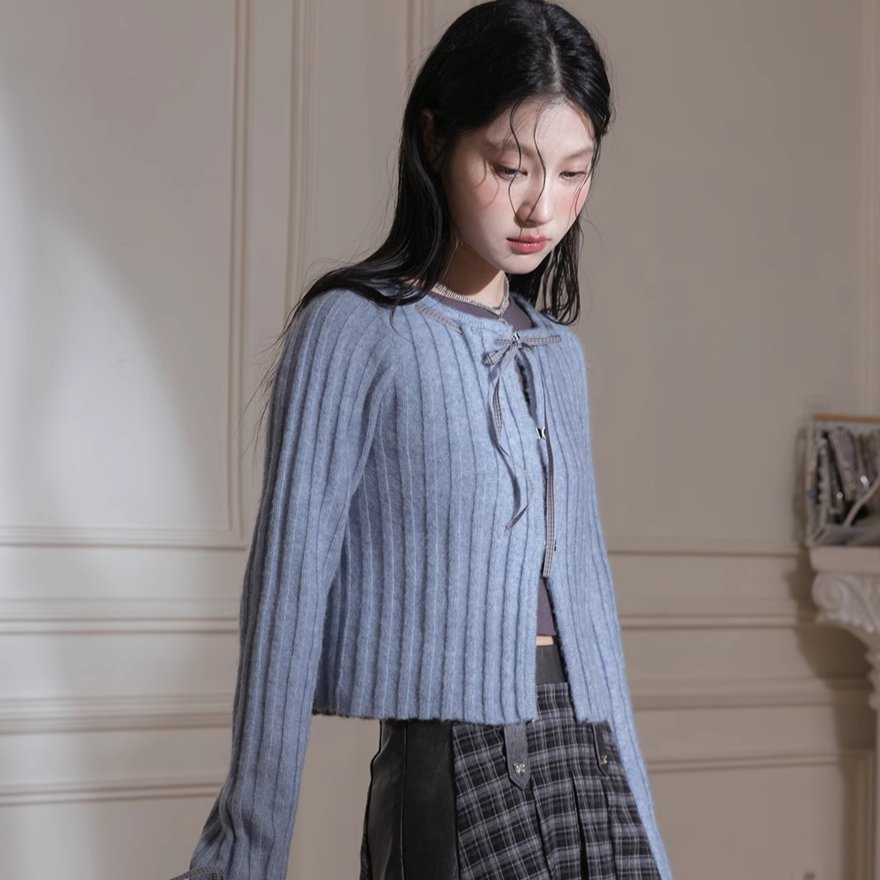 Blue Ribbon Woolen Cardigan Two-piece Set