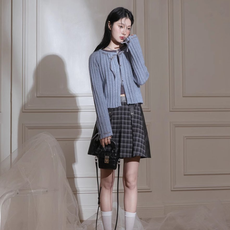 Blue Ribbon Woolen Cardigan Two-piece Set