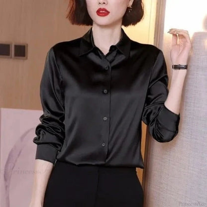 Button Satin - Blouse Silk Office Crepe Up Top
