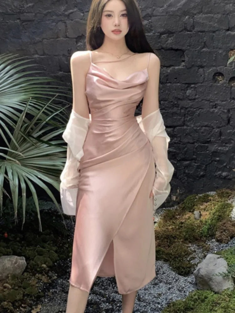 Satin Midi Dress New Summer Spaghetti Strap Slim Swinging Collar Split Evening Party Dresses Prom One Piece Vestido