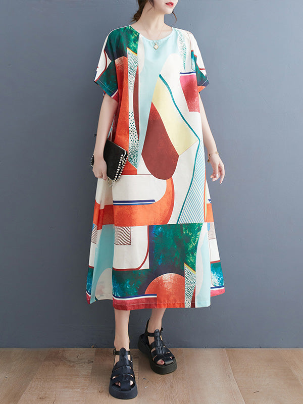 Short Sleeves Loose Contrast Color Round-neck Midi Dresses