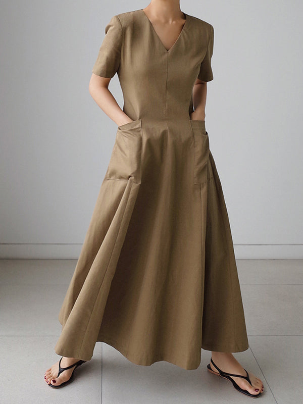 Simple Color Pleated Midi Dress