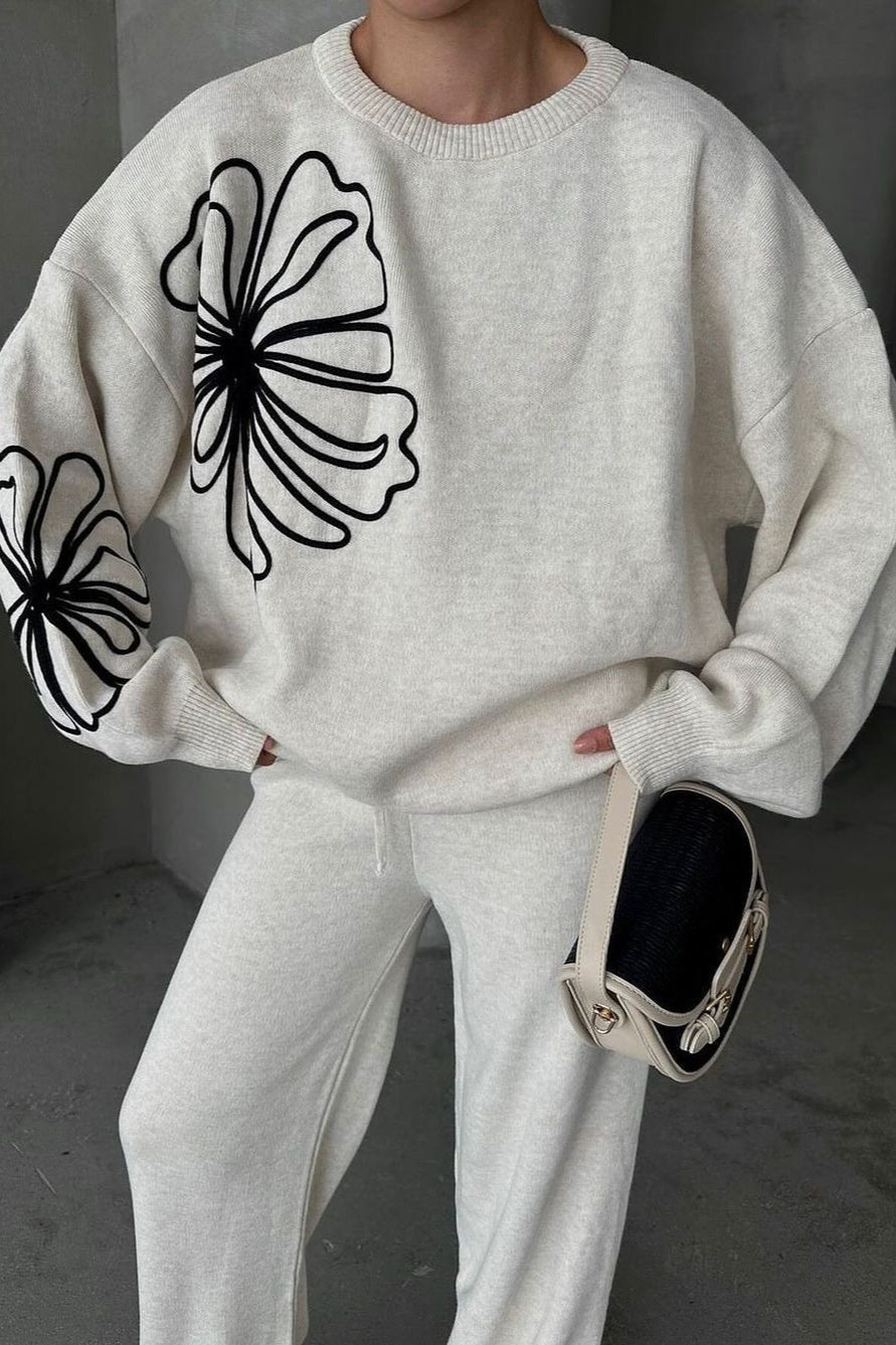 Round Neck Knit Sweater With Pants Two Piece Pants Set