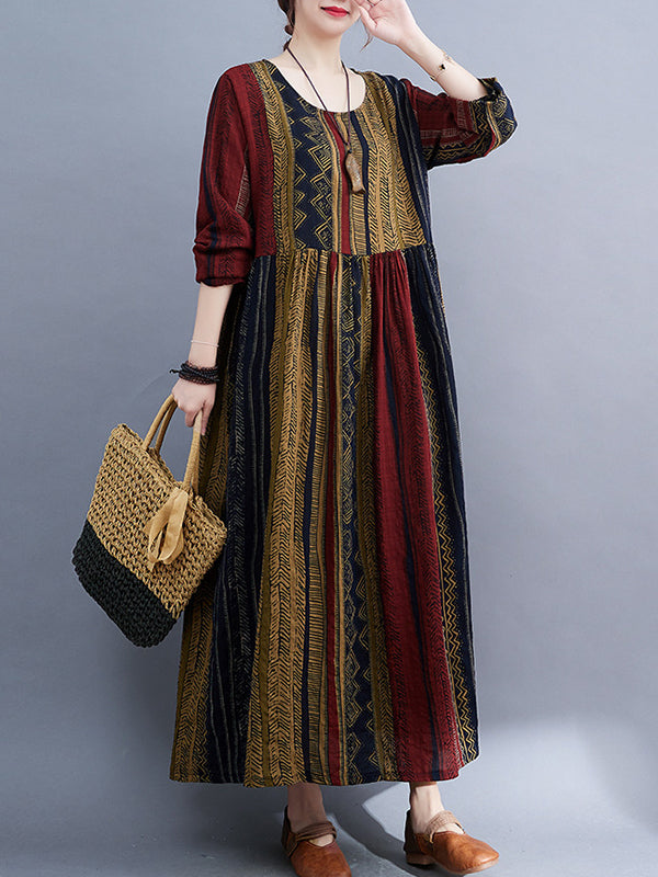 Vacation Loose Long Sleeves Contrast Color Printed Round-neck Midi Dresses
