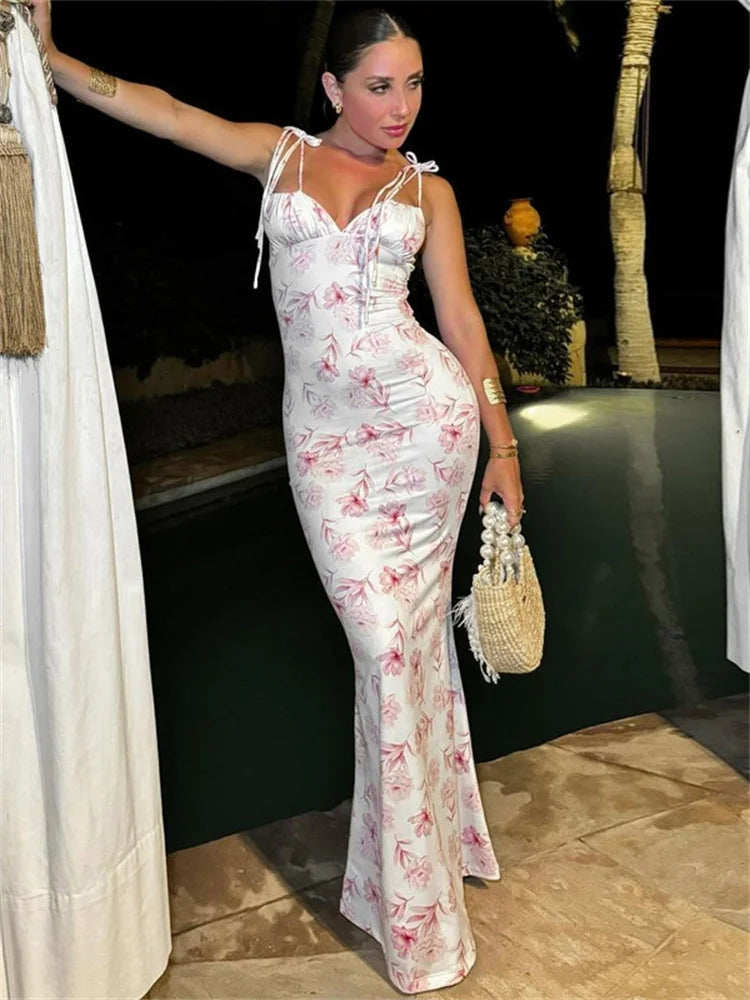 Summer Printed Halter Dresses Female Slim Backless Contrast Lace-up High Waist Maxi Dress Clothes