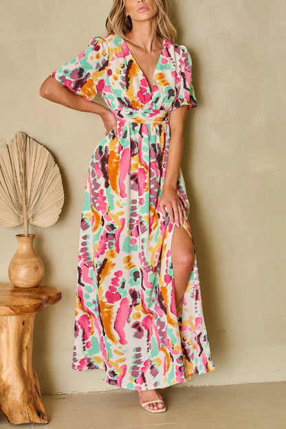 Tie-dye Print V Neck Maxi Dress