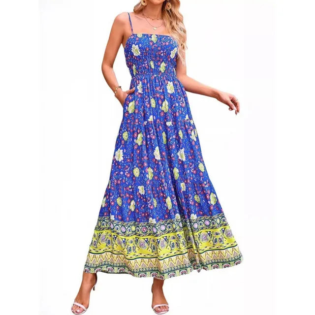 Flower Print Spaghetti Strap Dresses Beach Vacation Long Dress Female Summer New Vestidos