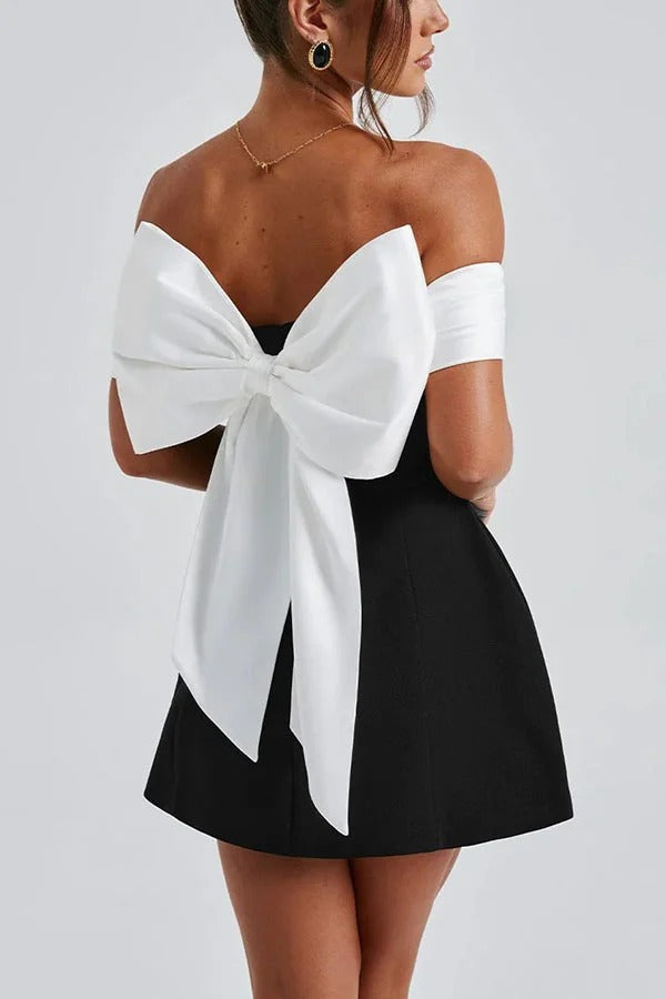Contrast Off-the-shoulder Bow-embellished Mini Dress