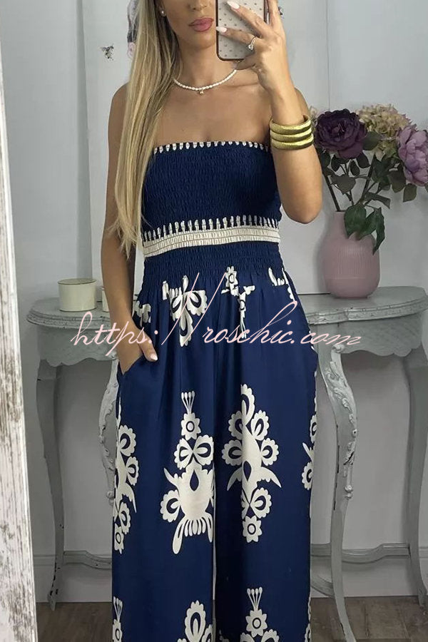 Larsen Print Off Shooulder Smocked Bust Pocketed Jumpsuit