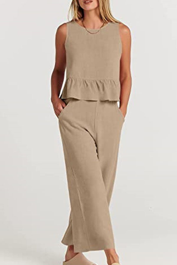 Sleeveless Pleated Vest Wide-leg Cropped Pants Suit