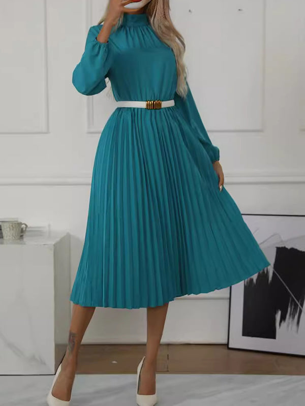 Long Sleeves Loose Buttoned Elasticity Hollow No Belt Pleated Color High Neck Midi Dresses