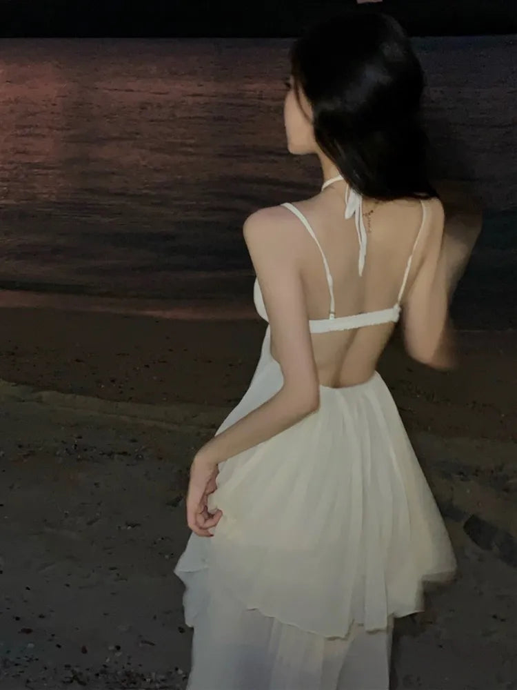 Summer New Pleated Holiday Beach Long Dresses for Vacation Spaghetti Strap a Line Robe Sundress