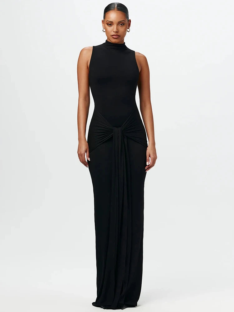 Half High Collar Irregular Tank Dress for New Sleeveless Bodycon Ruched Long Dress