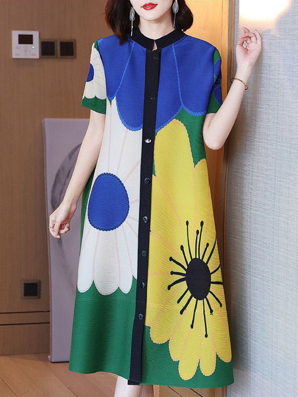 A-line Loose Buttoned Flower Print Pleated Round-neck Midi Dresses