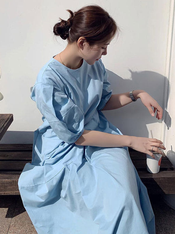 Round-neck Bishop Sleeve Loose Color Midi Dress