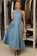 Classic and Stylish Denim Open Back Tie-up Gathered Hip Stretch Midi Dress