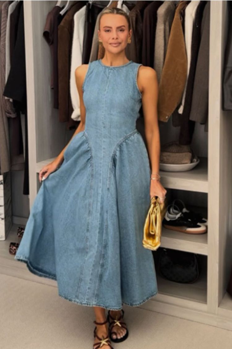 Classic and Stylish Denim Open Back Tie-up Gathered Hip Stretch Midi Dress