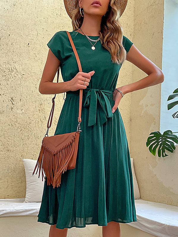 A-line Loose Pleated Color Tied Waist Round-neck Midi Dresses