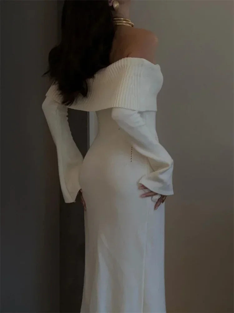 White Autumn Knit Sweater Long Dress Ribbed High Waist Off-shoulder Loose Party Dress Female Knitwear Dress