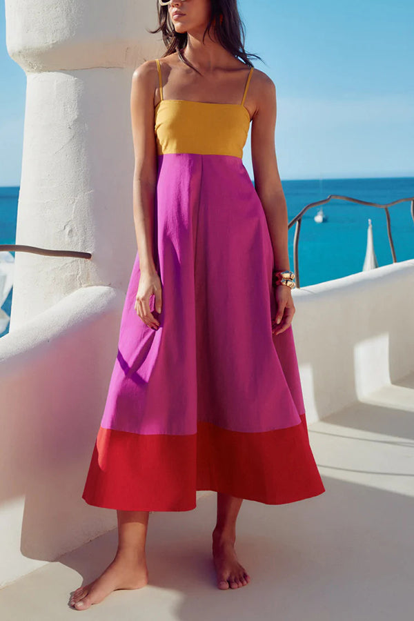 Splicing Sling Back Pleated Holiday Style Midi Dress