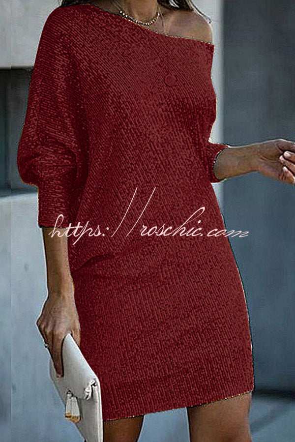 Sequined Off-shoulder Loose Mini Dress