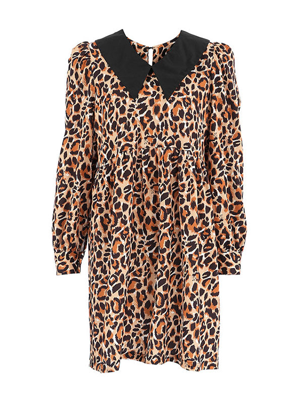 Loose Puff Sleeves Leopard Pleated Printed Split-joint Peter Pan Collar Mini Dresses Shirt Dress