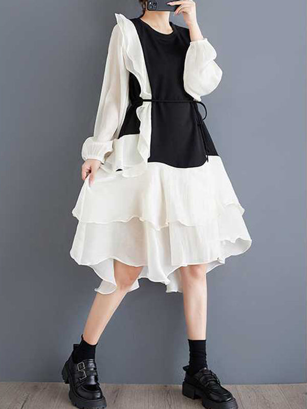 High-low Long Sleeves Contrast Color Ruffle Trim Split-joint Round-neck Midi Dresses