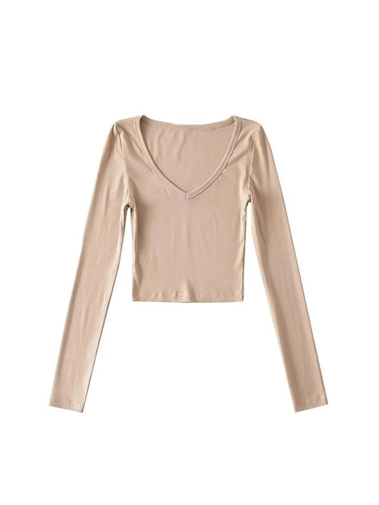 ’s Crop Tops Spring and Autumn Long-sleeved V-neck Cropped Top Bottoming Shirt T-shirt Tops