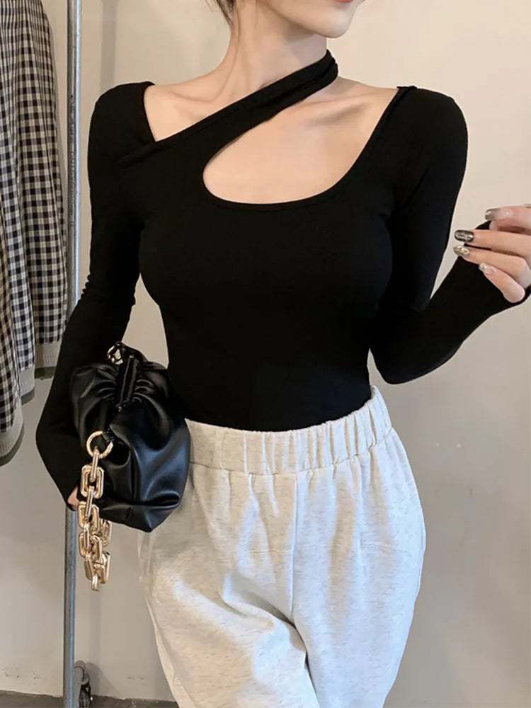 Y2k T-shirt Woman Autumn Skinny Tee Shirt Femme Long Sleeve Halter Clothes Hollow Out Korean Fashon Kpop Tops Tshirt