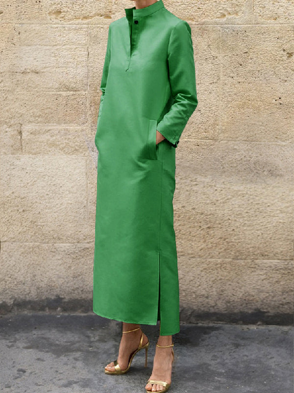 Long Sleeves Loose Color Split-side Stand Collar Midi Dresses