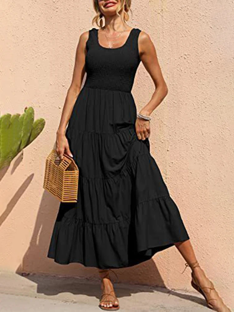 Dresses for Summer Sleeveless Color Long Dress Elastic Waist Beach Party Big Swing