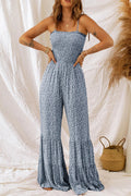 Dusk Blue Print Thin Straps Smocked Wide Leg Jumpsuit