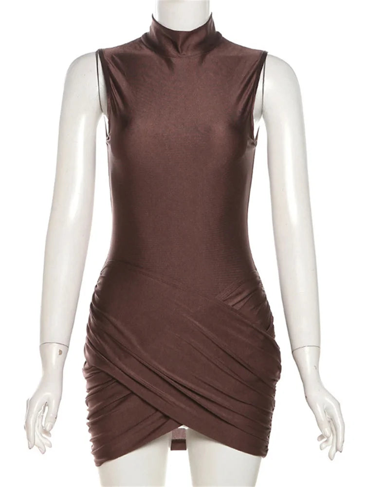 Sleeveless Patchwork Mini Dress Female Skinny Pleated High Waist Dress for Party Dress New