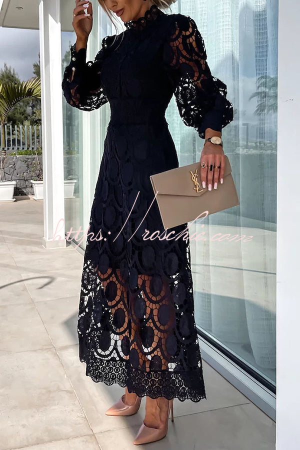 Romantic, Sensual and Crochet Lace Lantern Sleeve Party Midi Dress