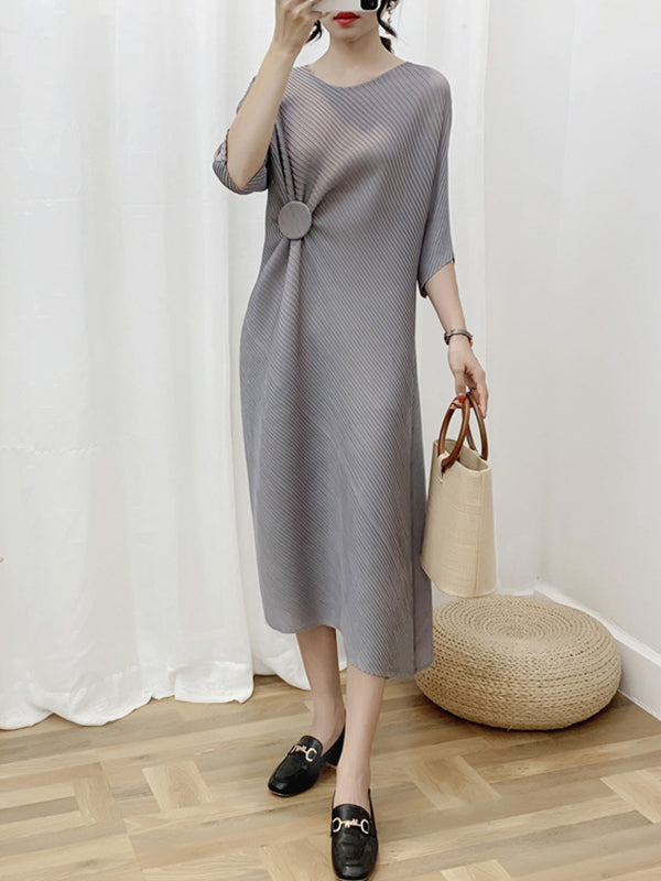 Half Sleeves Irregular Clipping Pleated Color Round-neck Midi Dresses