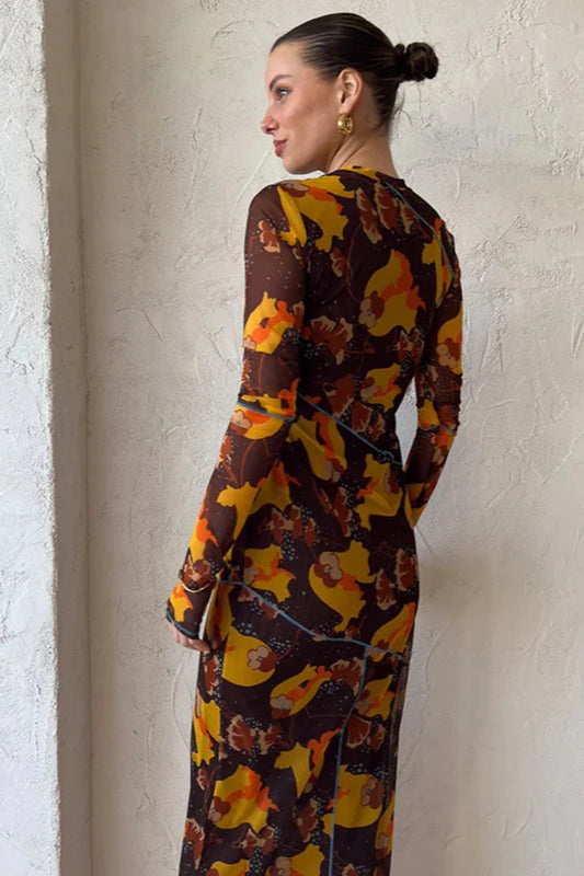 Sheer Long Sleeve Split Maxi Dress